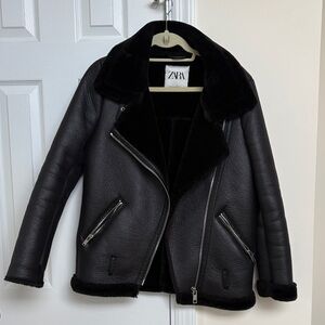Zara Women's Black Leather Jacket with Shearling